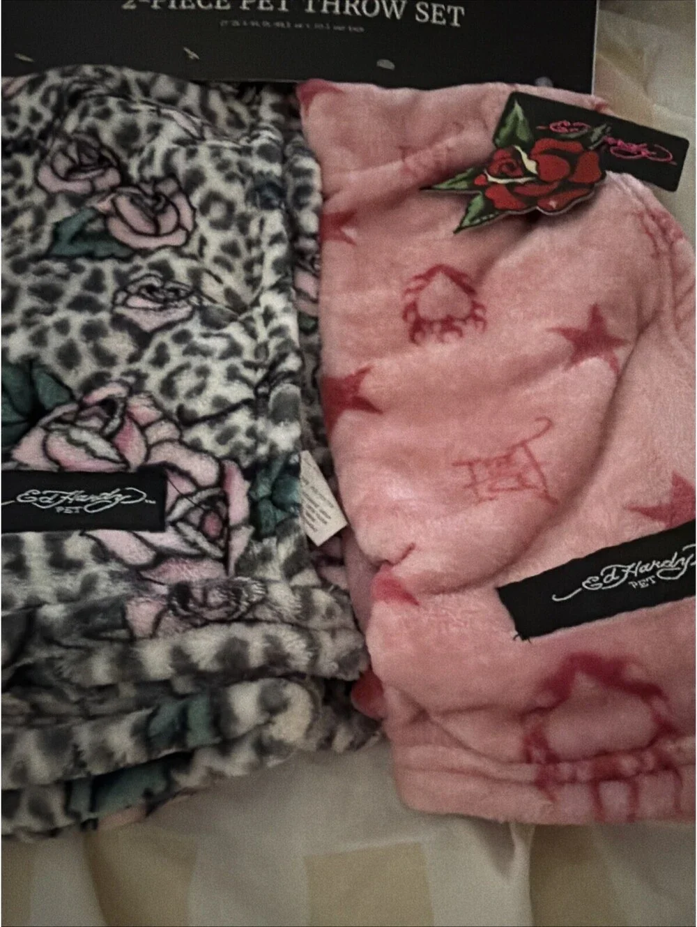 Ed Hardy 2pc Pet Throw Set Leopard Print & Pink Burning Heart 27x44 NWT